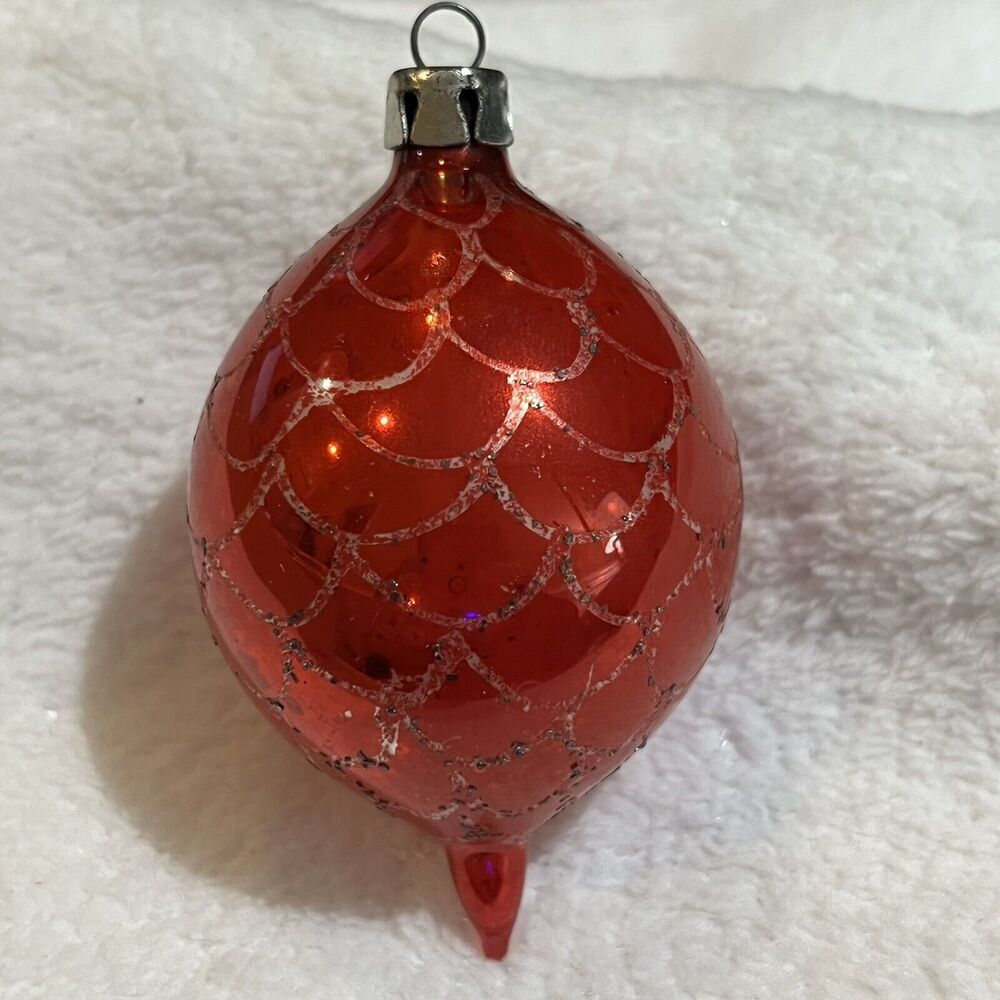 Vintage Poland Mercury glass Christmas Ornament Red silver scales Teardrop